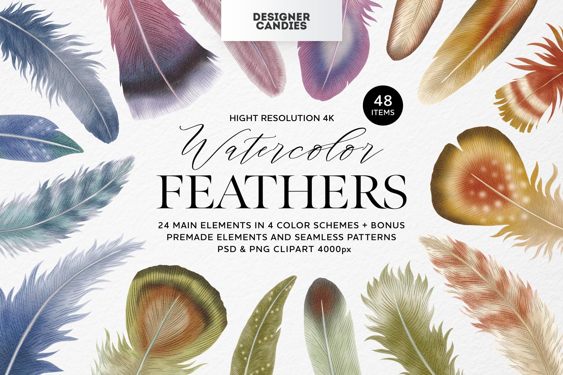 Feathers Watercolor Clipart (PSD, PNG, PAT Format)