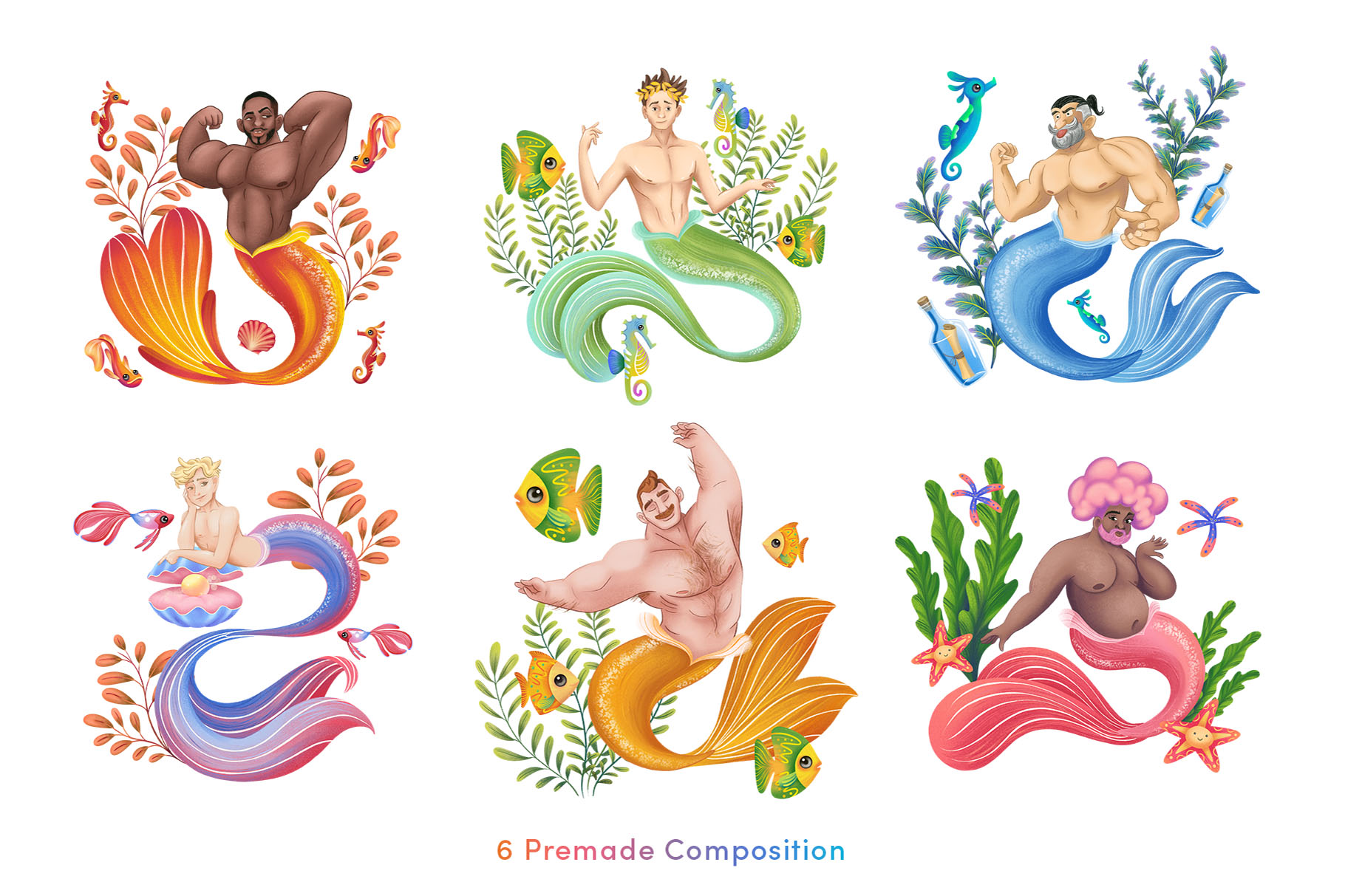 Mermen Clipart Illustration Pack (PSD, PNG Format)