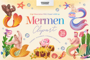 Mermen Clipart Illustration Pack (PSD, PNG Format)