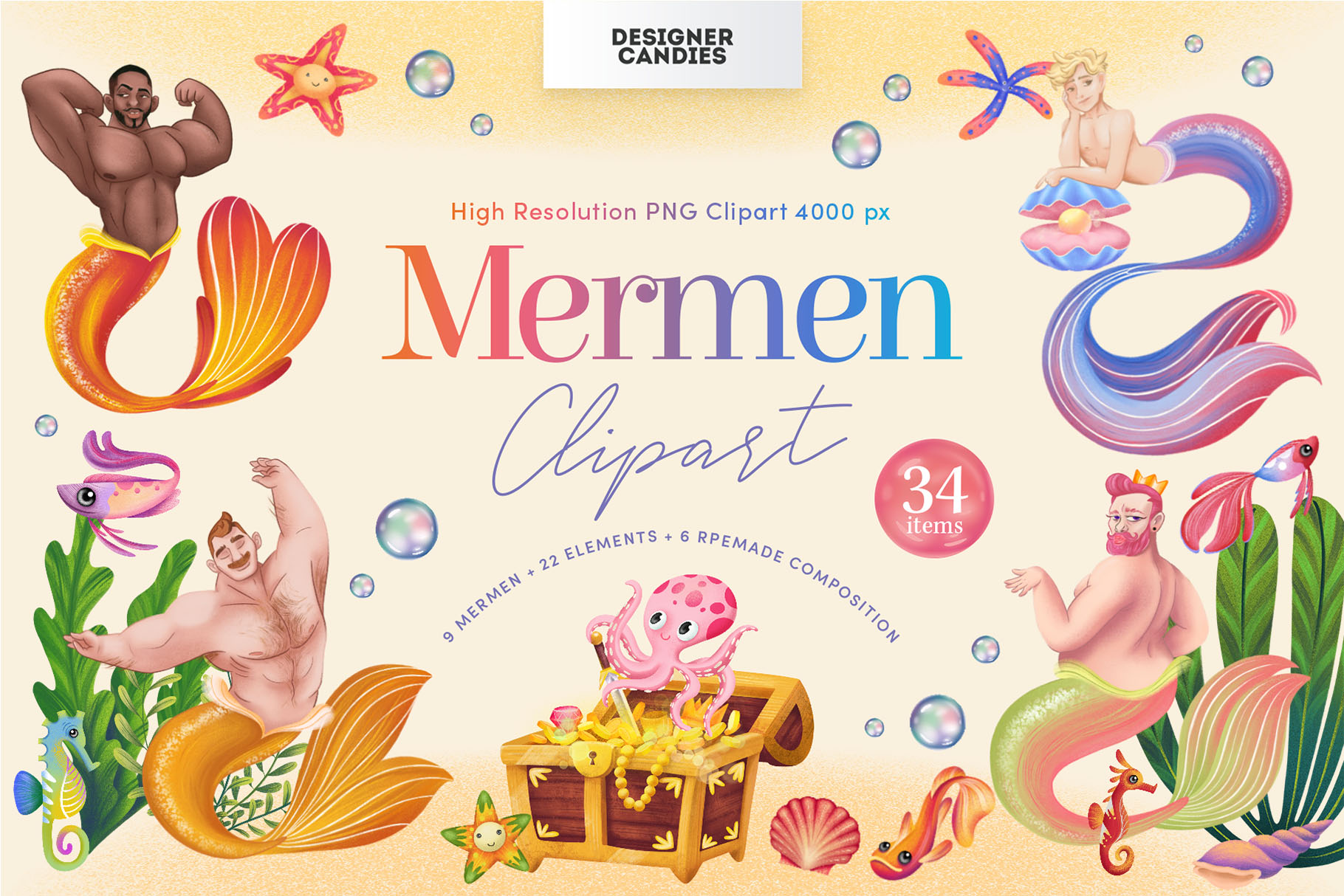 Mermen Clipart Illustration Pack (PSD, PNG Format)
