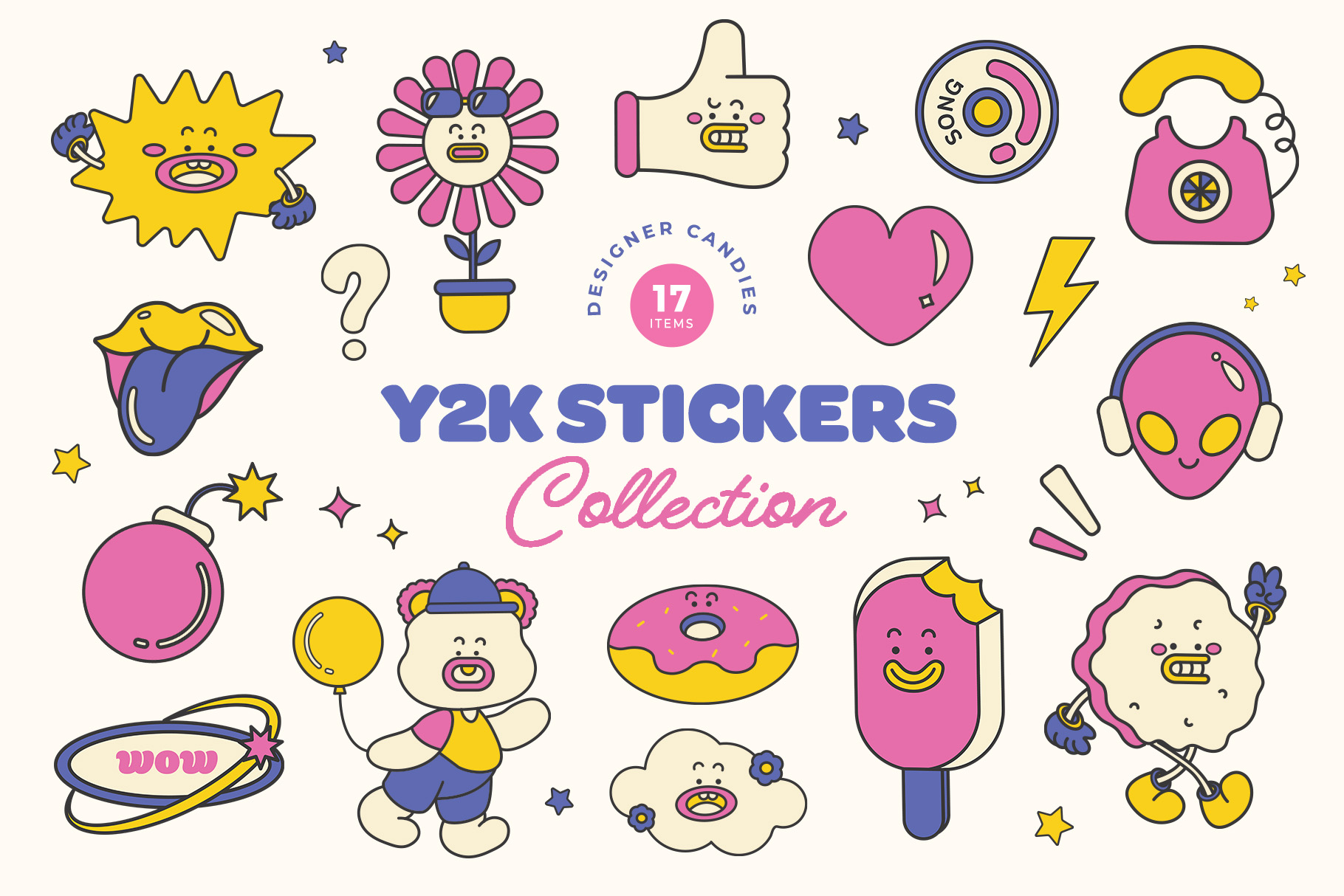 Cute Y2K Sticker Illustrations Set (AI, EPS Format)