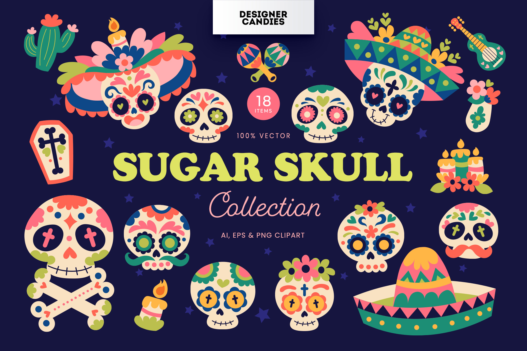 Mexican Sugar Skull Illustrations Set (AI, EPS, PNG Format)