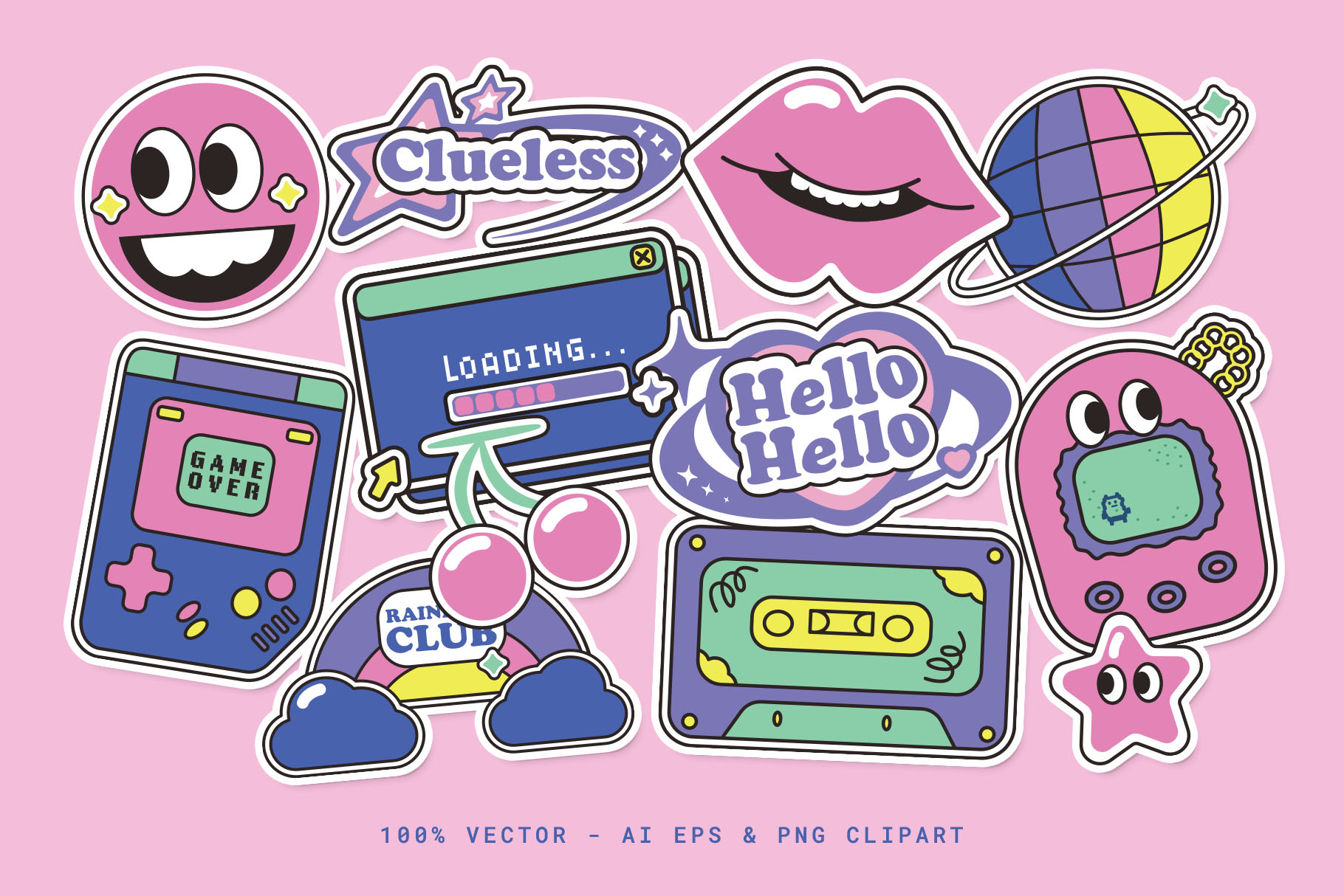 Retro Y2K Vector Illustrations Set (AI, EPS Format)