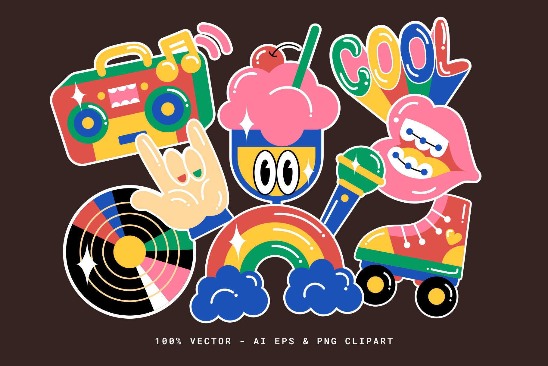 Retro Y2K Vector Illustrations Set (AI, EPS, PNG F ormat)