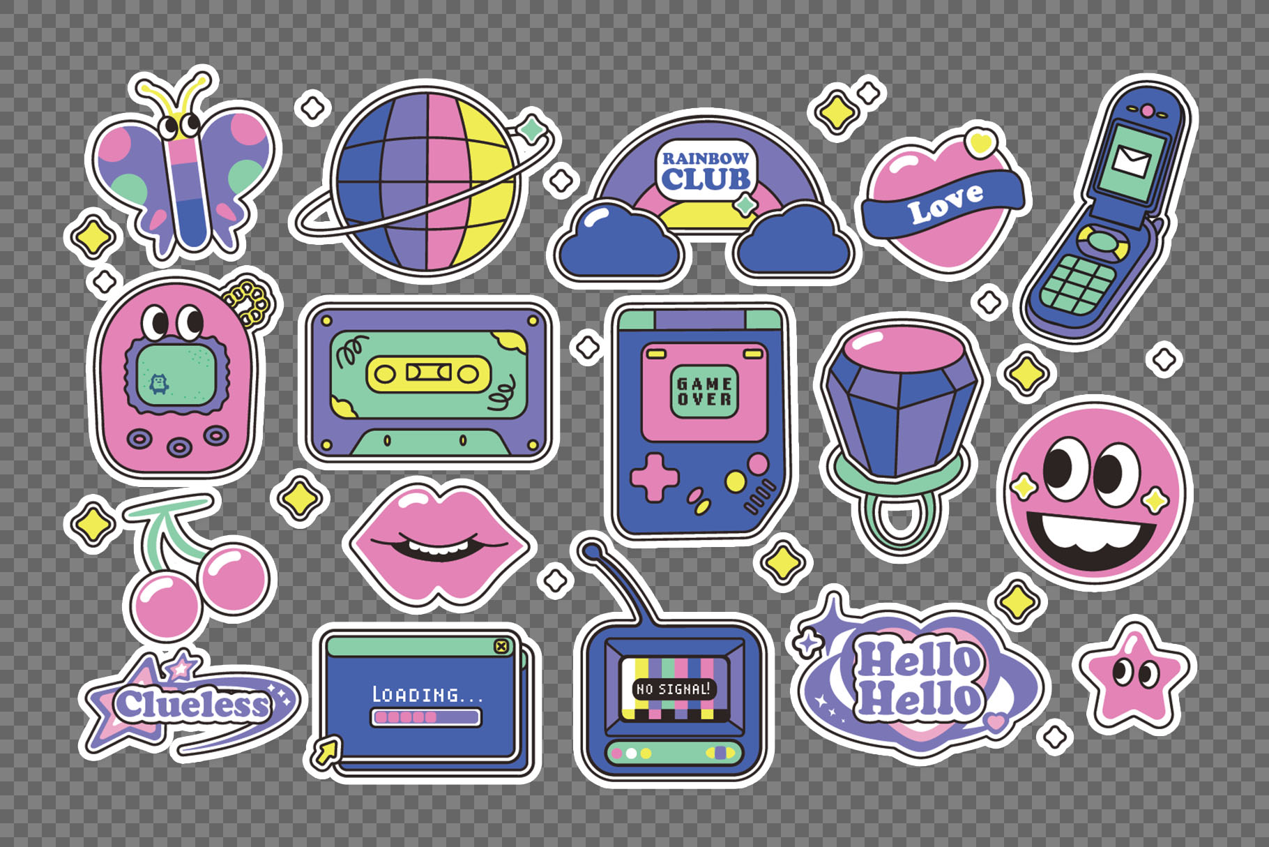 Retro Y2K Vector Illustrations Set (AI, EPS Format)