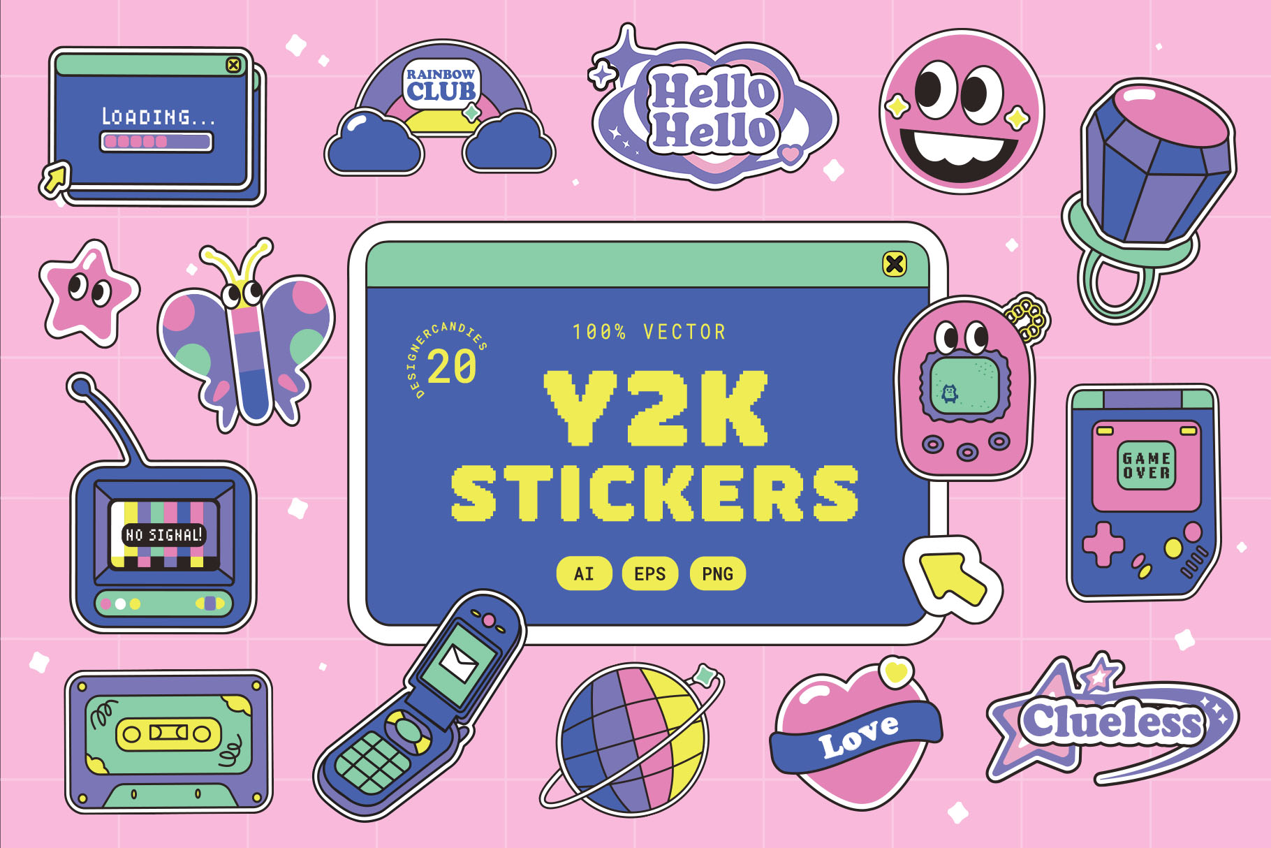 Retro Y2K Vector Illustrations Set (AI, EPS Format)