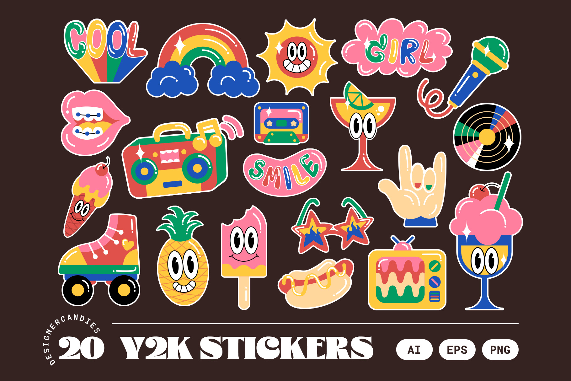Retro Y2K Vector Illustrations Set (AI, EPS, PNG F ormat)