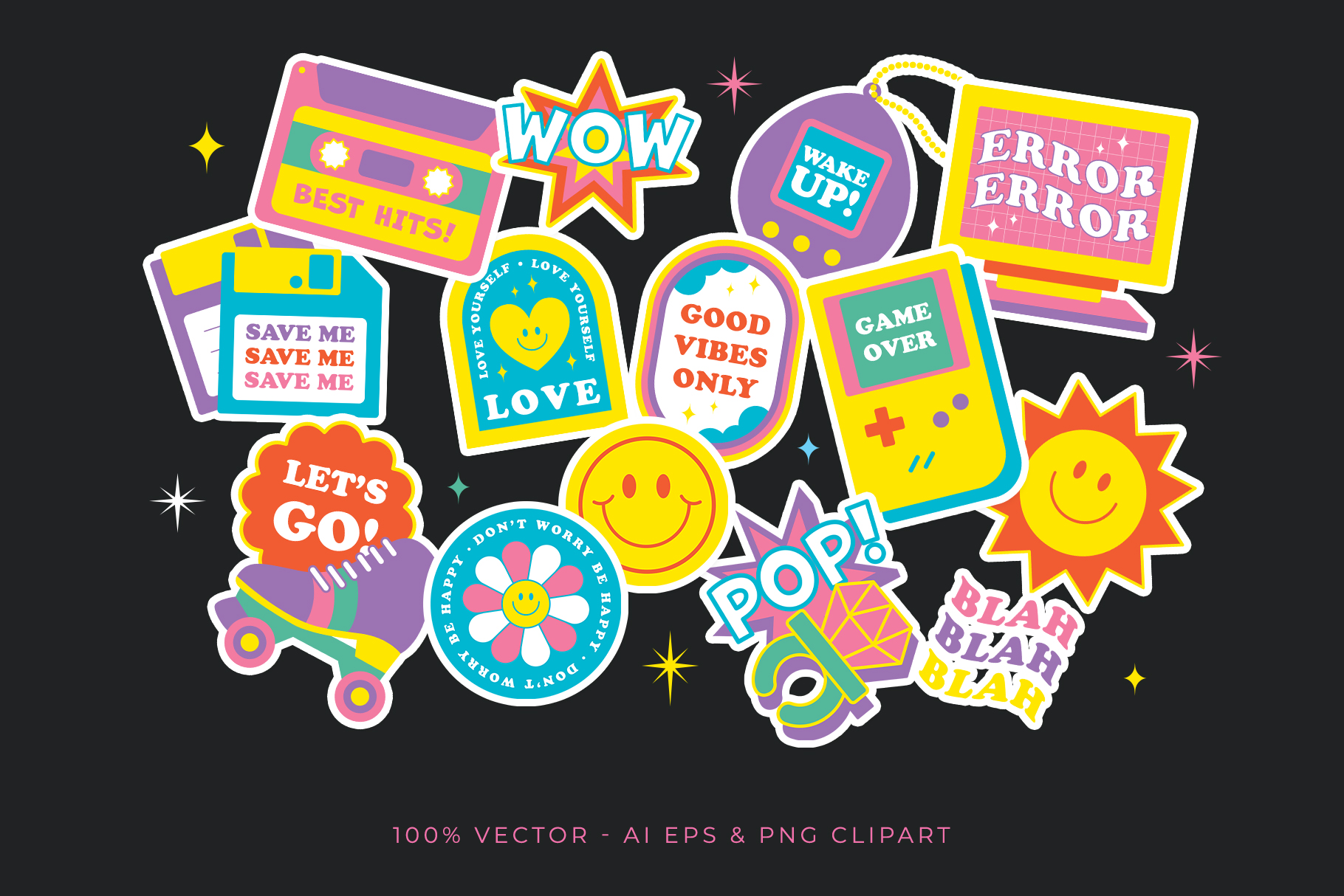 Y2K Illustrations & Stickers (AI, EPS, PNG Format)