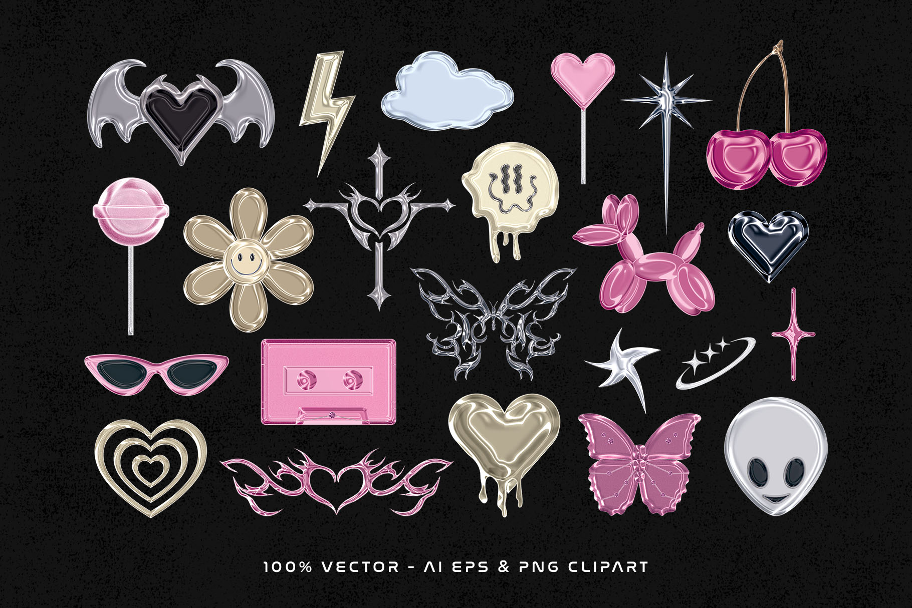 Y2K Metallic Sticker Illustrations Set (PSD, PNG Format)