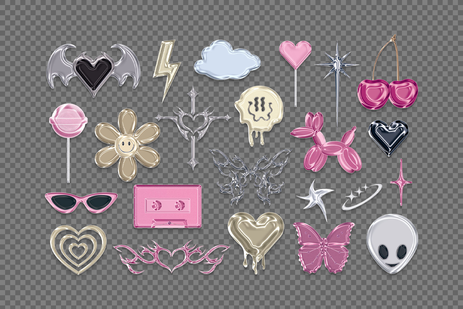 Y2K Metallic Sticker Illustrations Set (PSD, PNG Format)