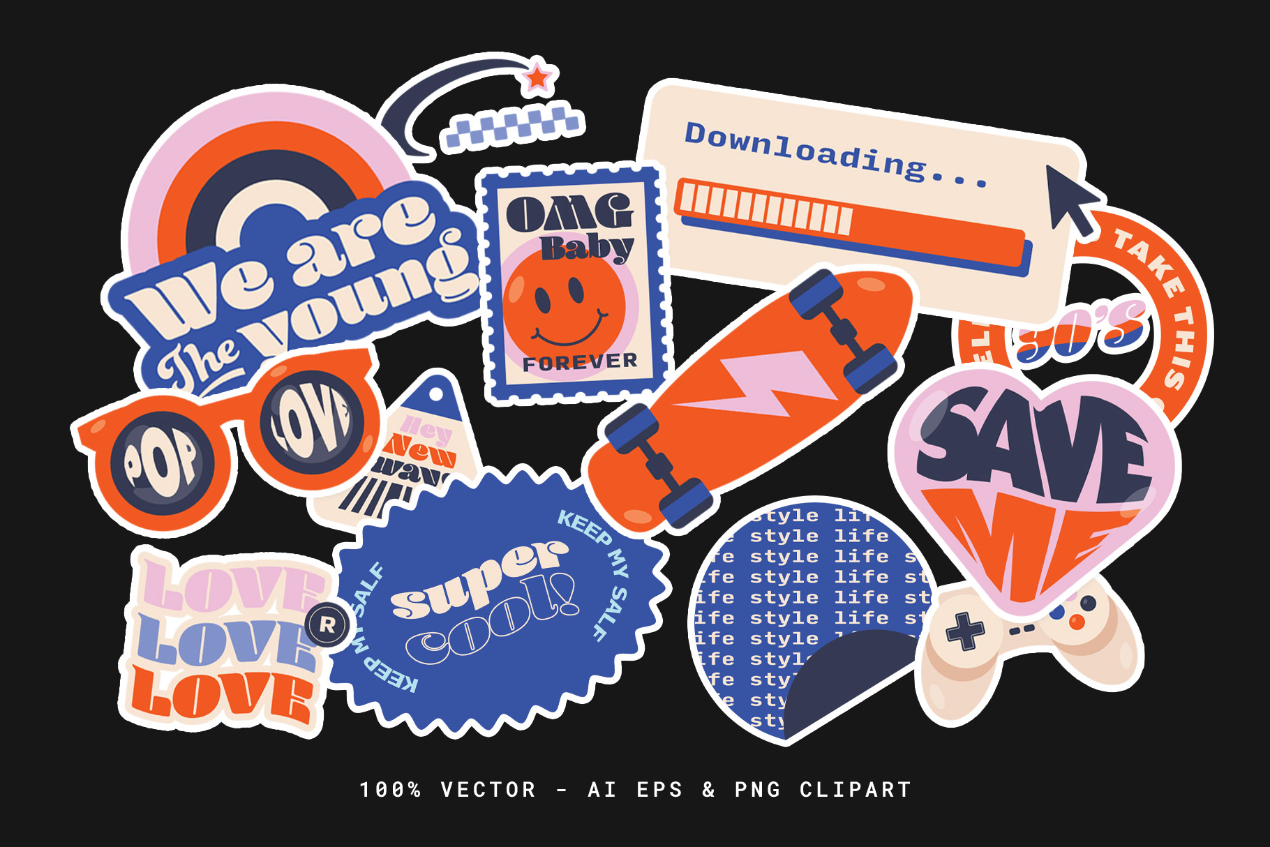 Y2K Retro Illustrations Set (AI, EPS, PNG Format)