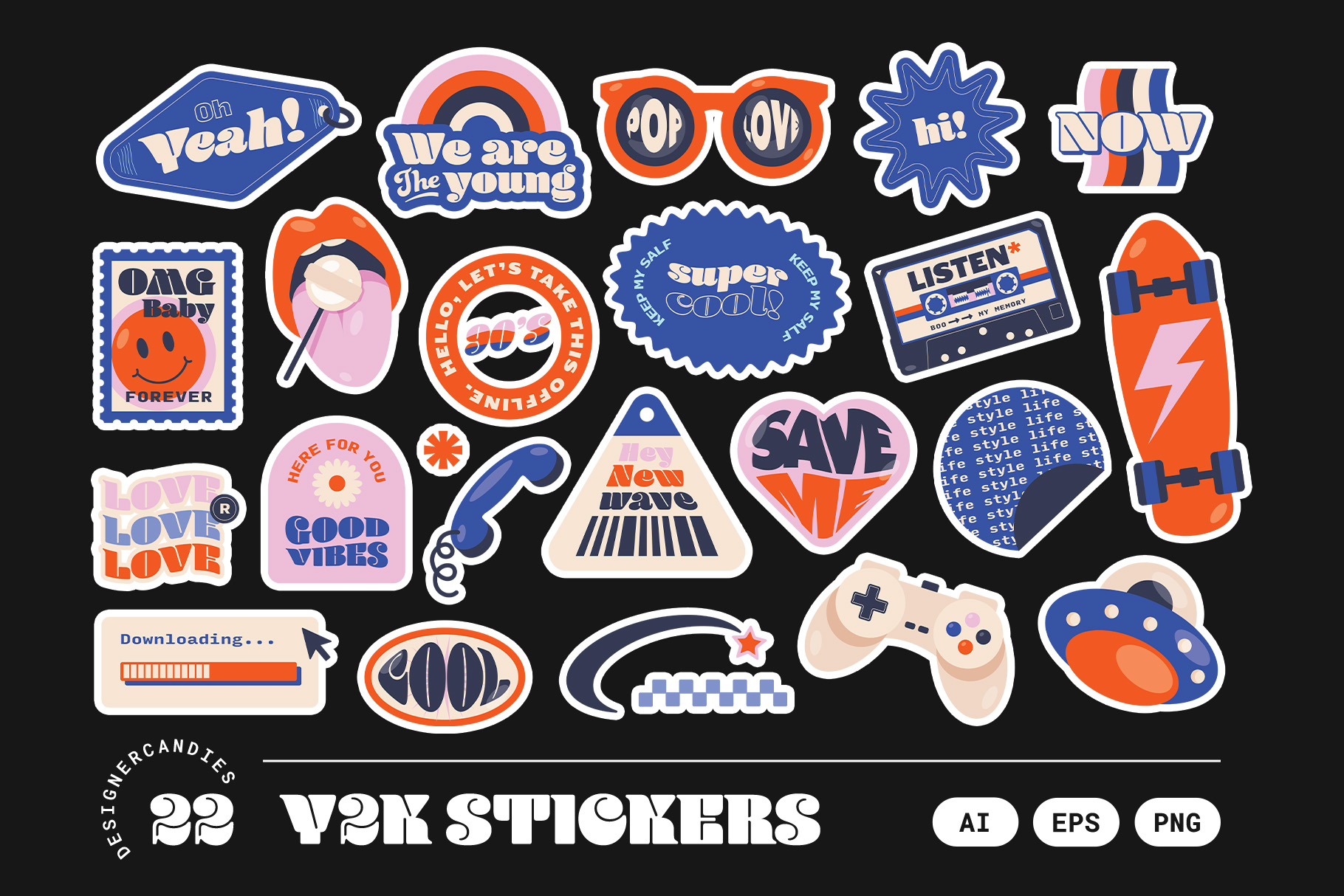 Y2K Retro Illustrations Set (AI, EPS, PNG Format)