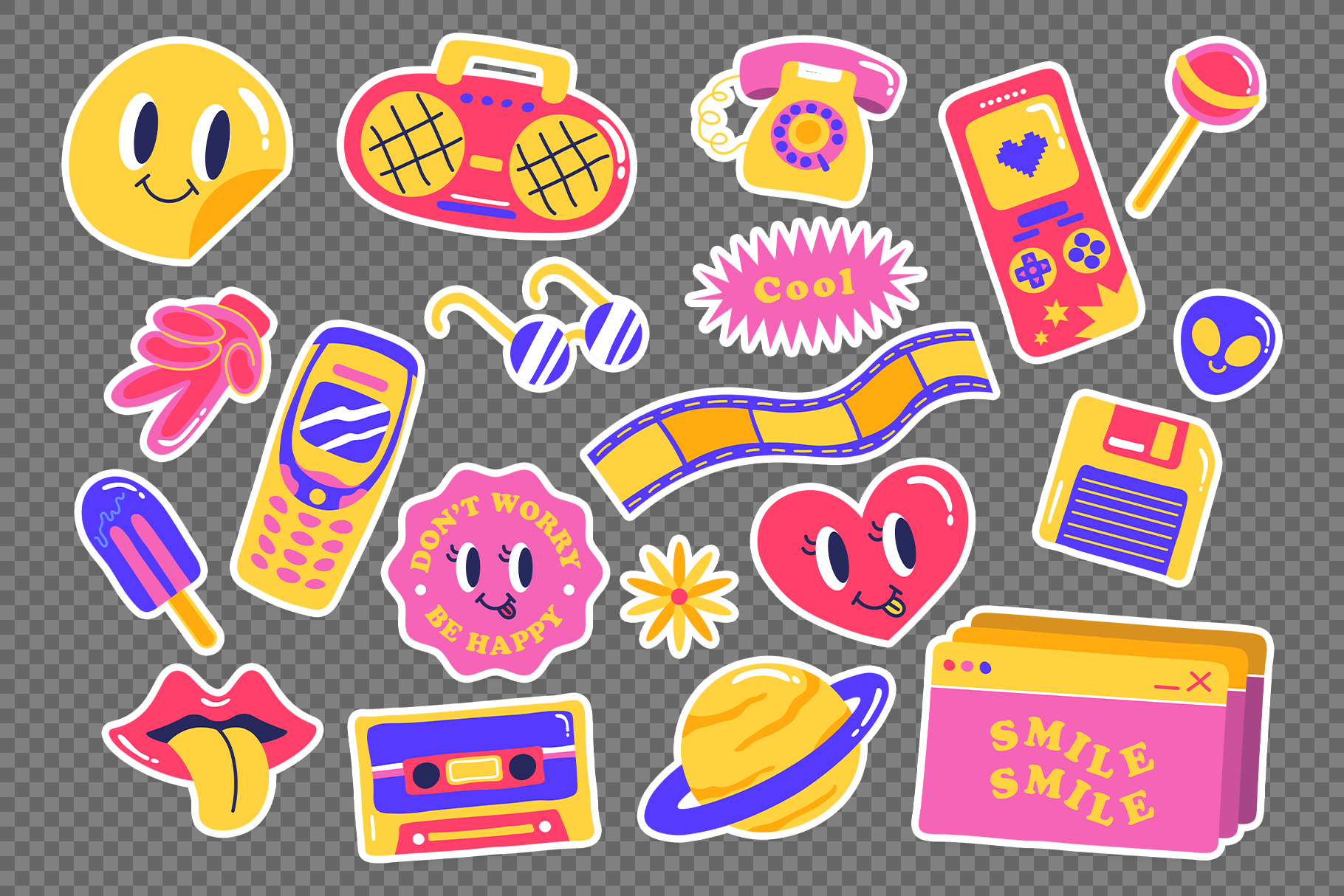 Y2K Stickers Illustration Set (AI, EPS, PNG Format)