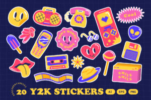 Y2K Stickers Illustration Set (AI, EPS, PNG Format)