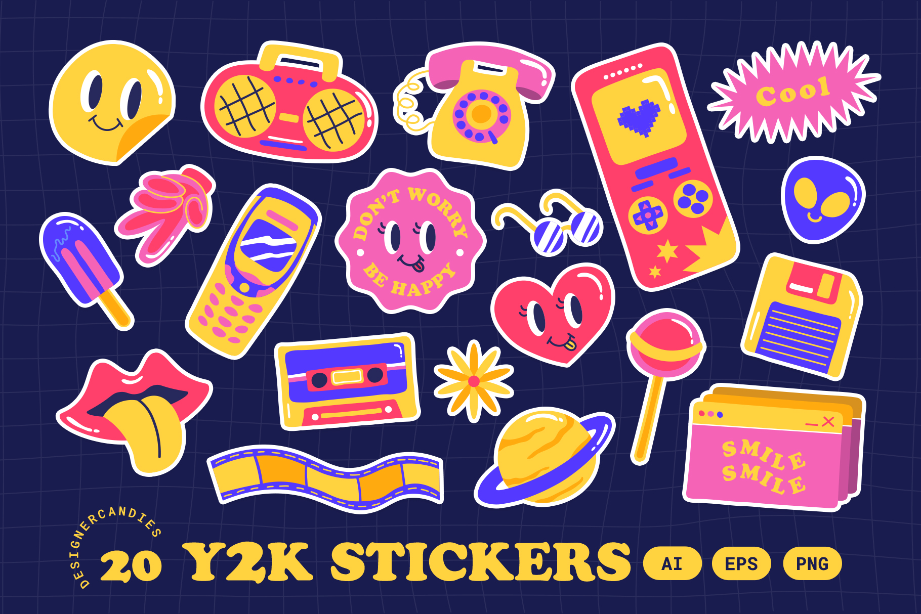 Y2K Stickers Illustration Set (AI, EPS, PNG Format)