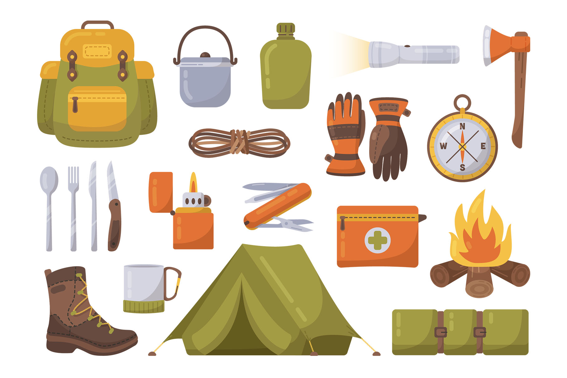 Bushcraft Kit Illustration set (AI, EPS, PNG Format)