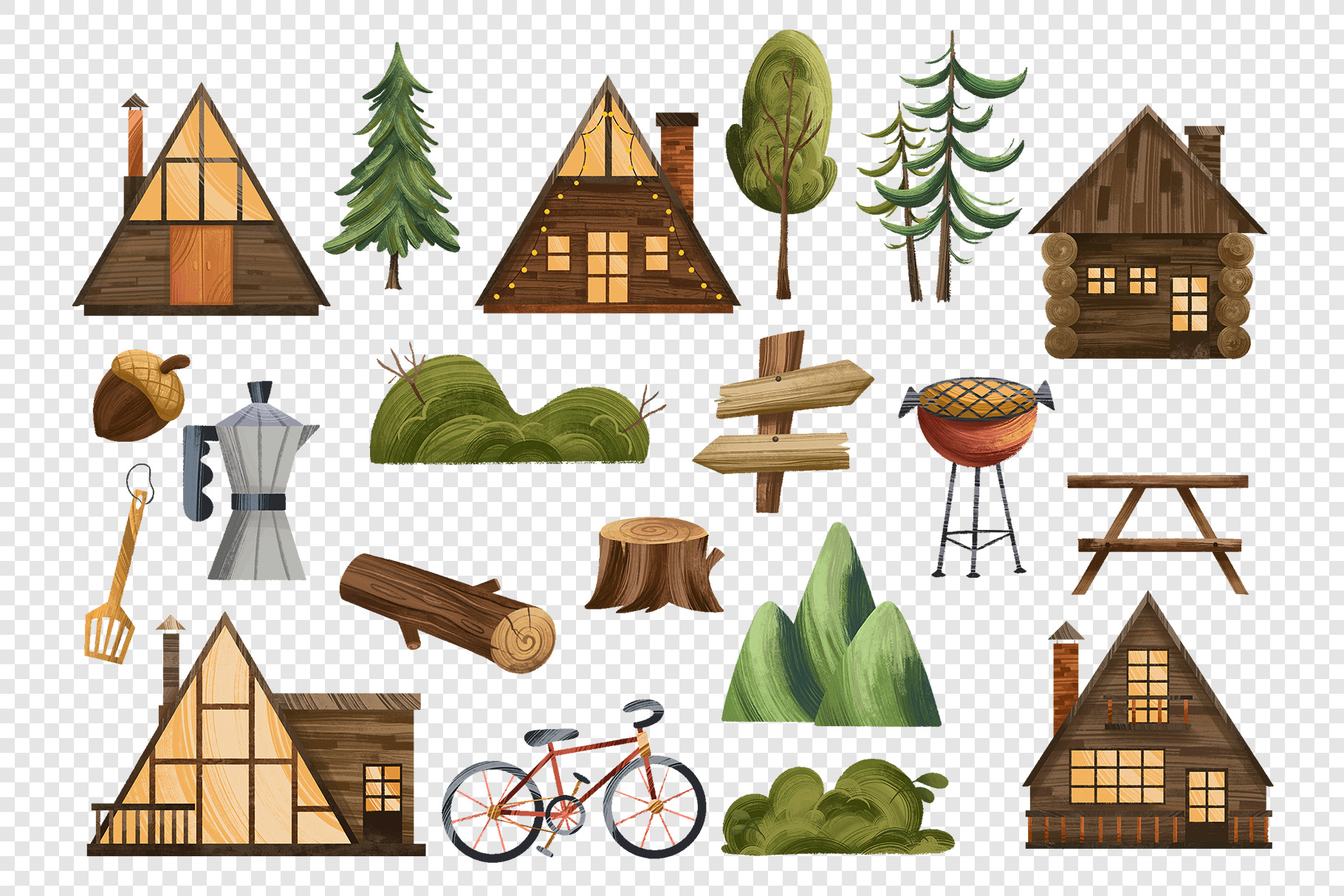 Cabin in the Woods Clipart Set (PSD, PNG Format)