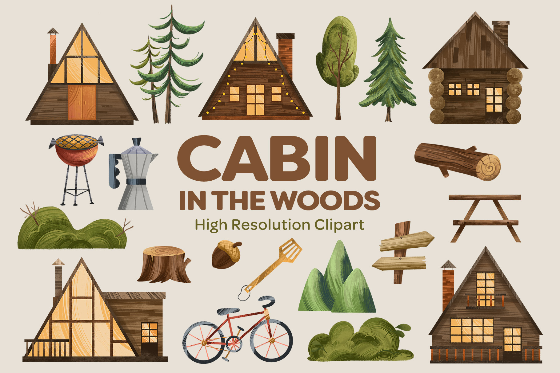 Cabin in the Woods Clipart Set (PSD, PNG Format)