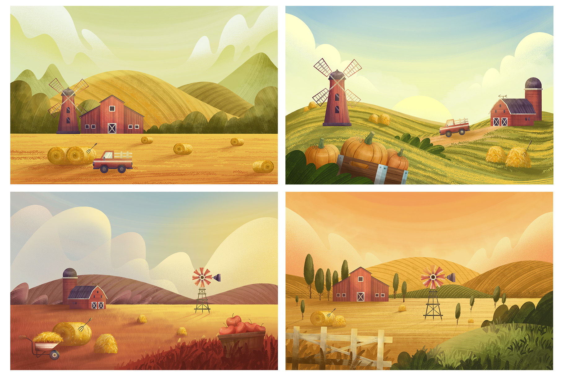 Harvest Landscape Illustrations Set (PSD Format)