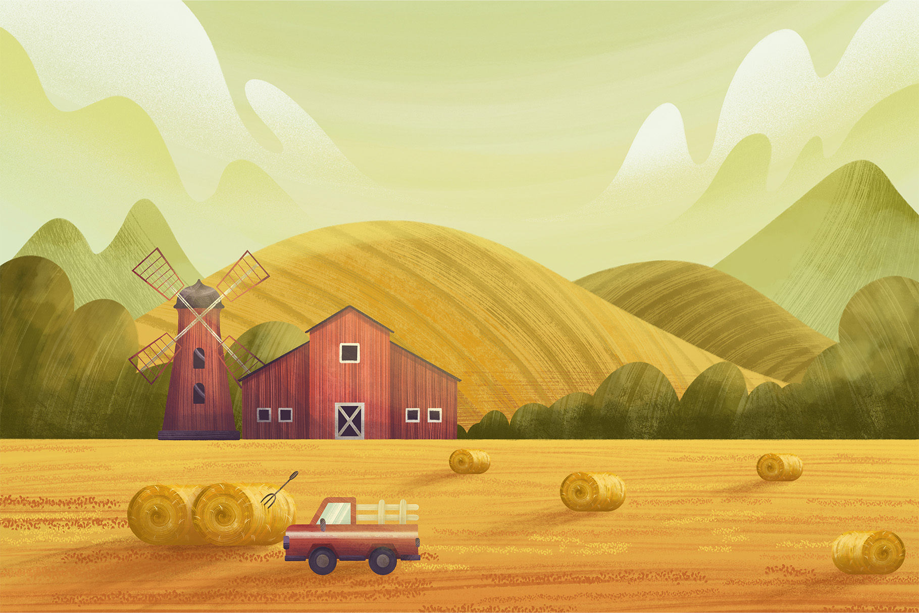 Harvest Landscape Illustrations Set (PSD Format)