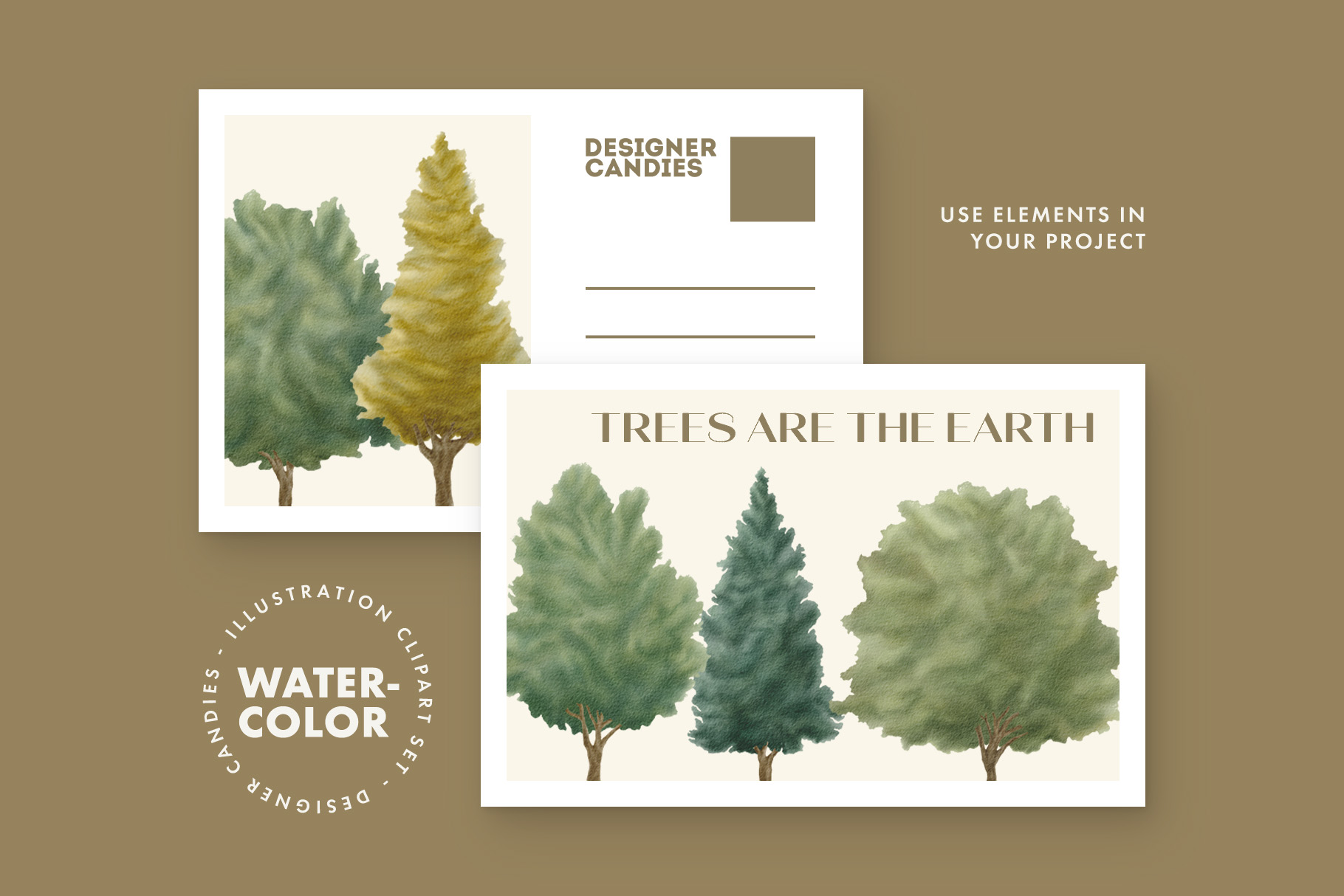 Watercolor Trees Illustration Set (PSD, PNG Format)