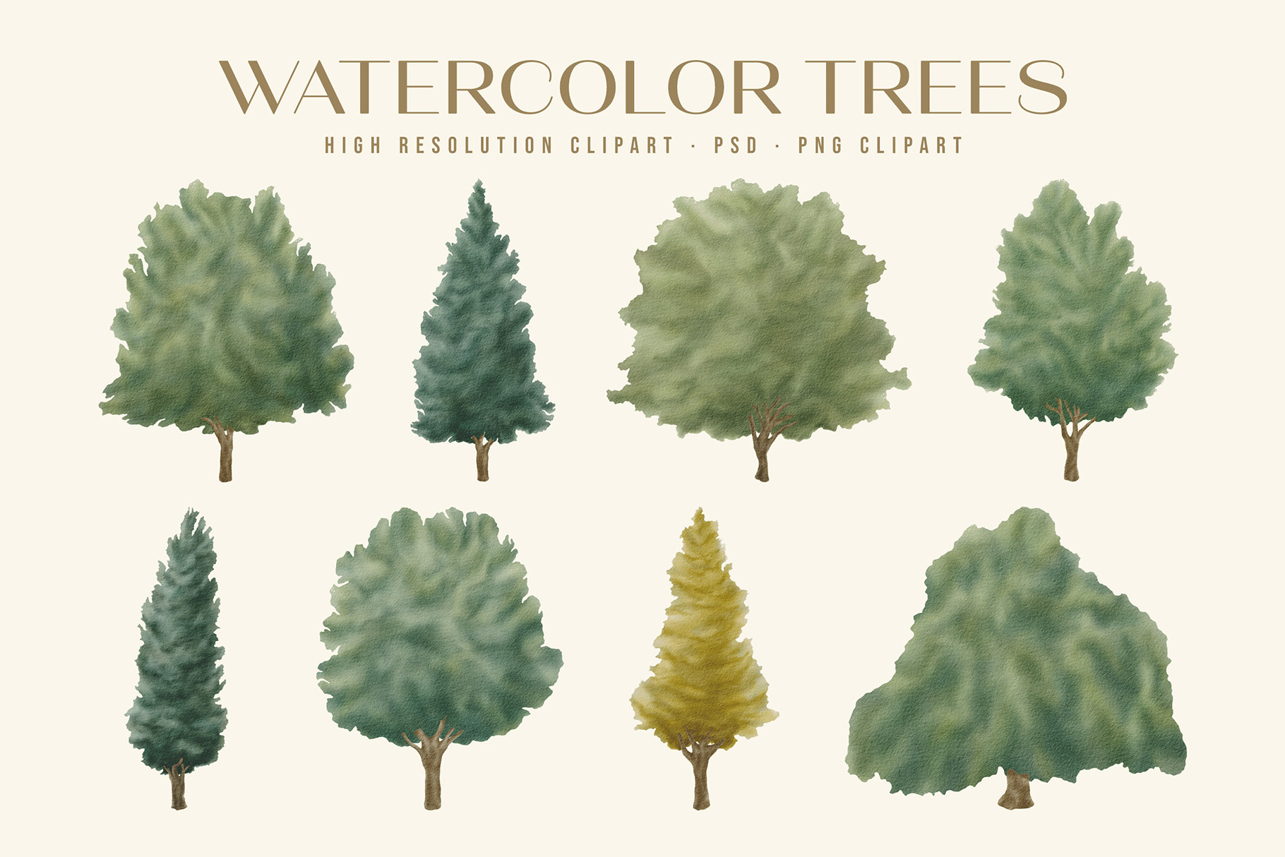 Watercolor Trees Illustration Set (PSD, PNG Format)