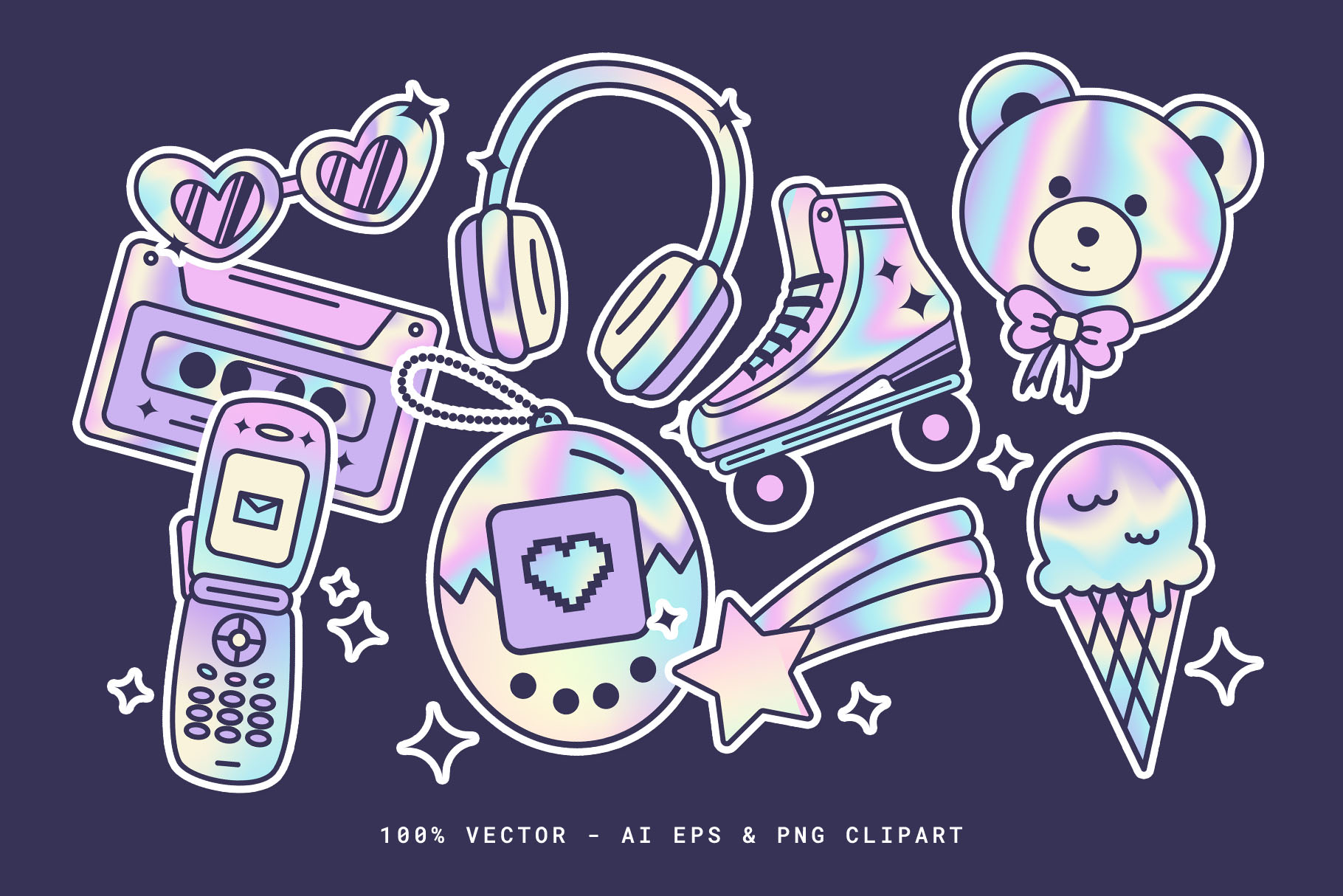 Y2K Holographic Stickers Illustrations Set (AI, EPS, PNG Format)