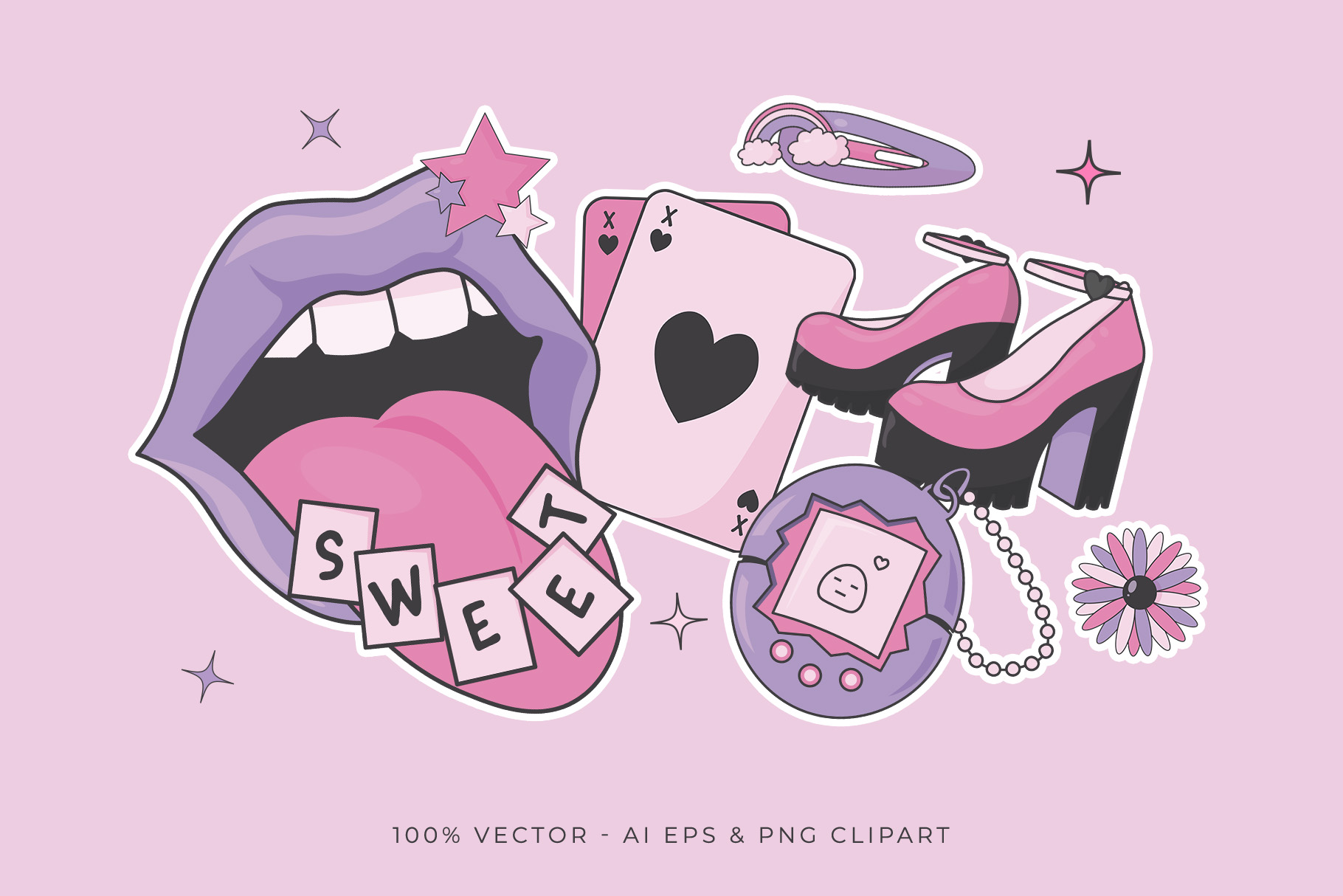Y2K Stickers Illustration Set (AI, EPS, PNG Format)