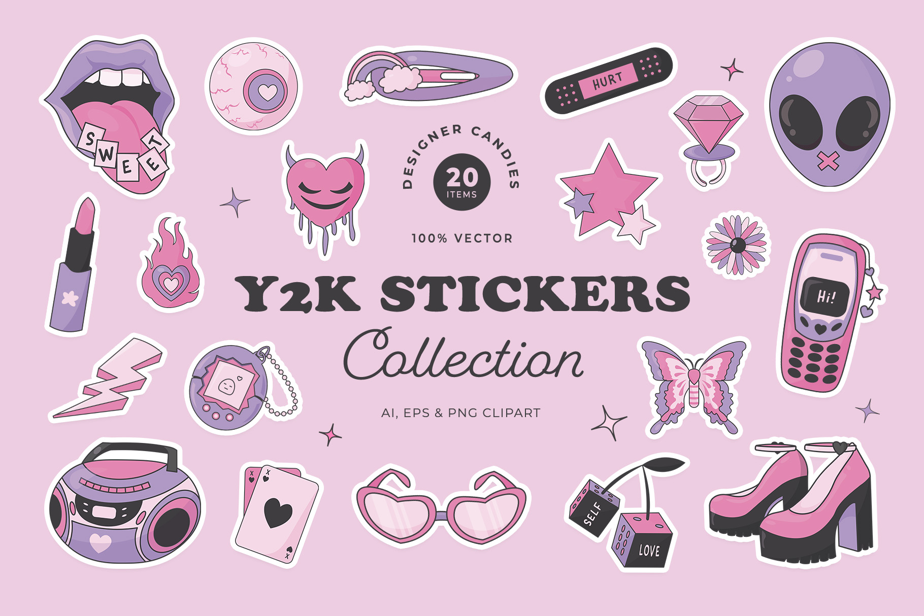 Y2K Stickers Illustration Set (AI, EPS, PNG Format)