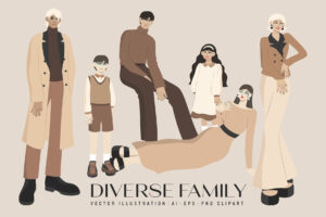 Diverse Family Illustrations Set (AI, EPS, PNG Format)