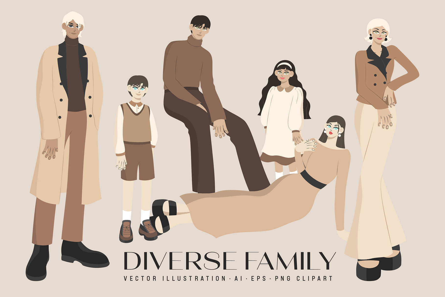 Diverse Family Illustrations Set (AI, EPS, PNG Format)