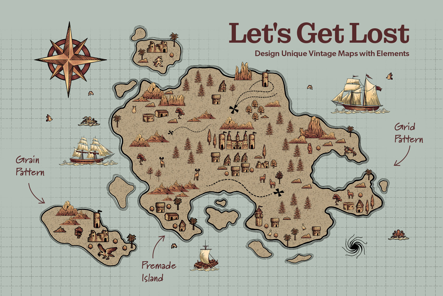 Vintage Map Creator Kit (PSD, PNG, PAT Format)