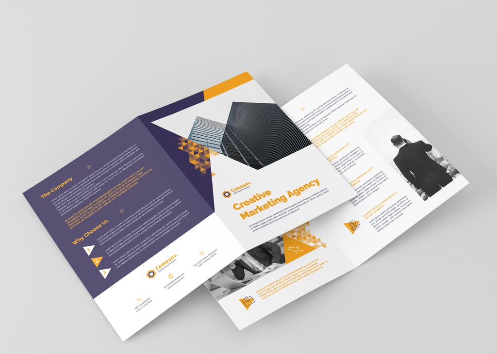 bifold-brochure-layout-with-yellow-gradient-triangle-elements-indd