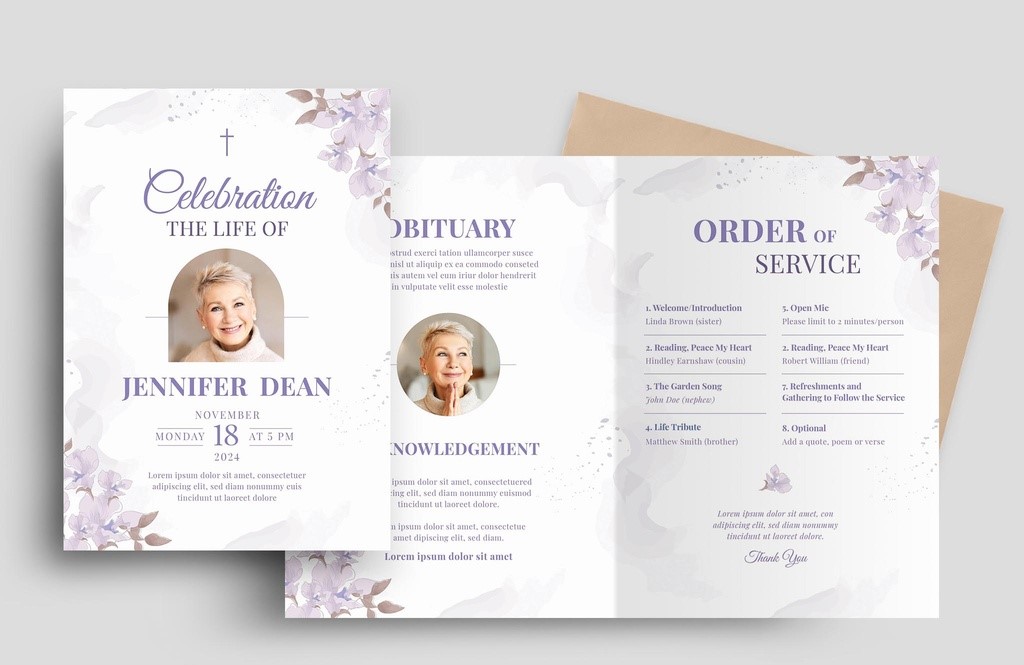funeral-program-memorial-service-obituary-layout-with-purple-watercolor-floral-flowers-indd