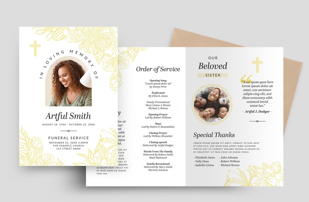minimal-funeral-program-obituary-brochure-with-yellow-line-art-flowers-ind