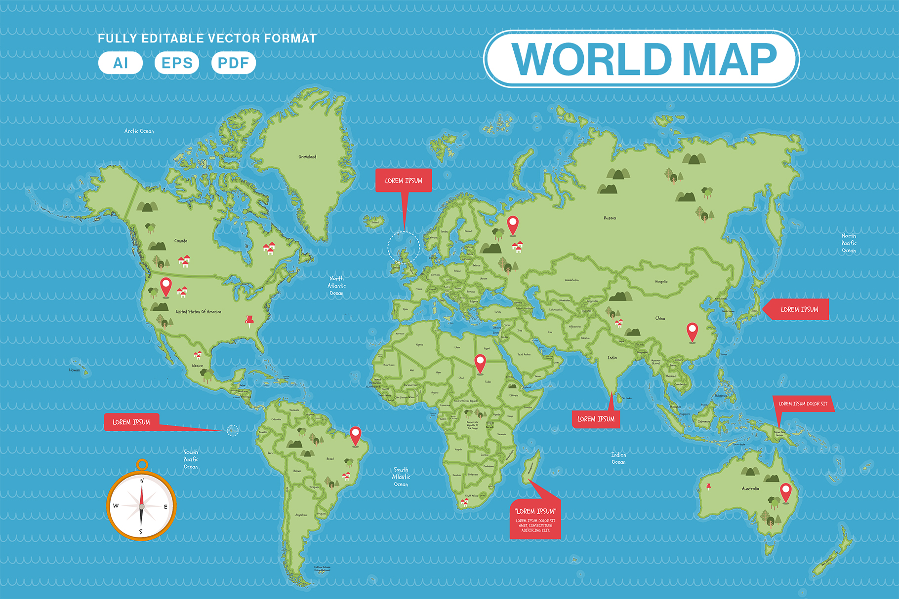 Cute World Map Vector Illustration in AI EPS