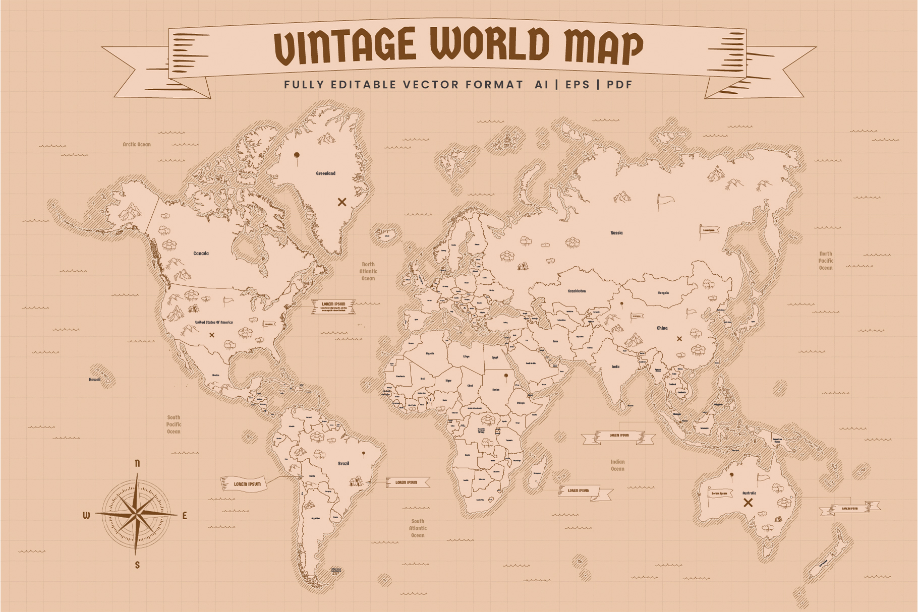 Vintage World Map in AI EPS