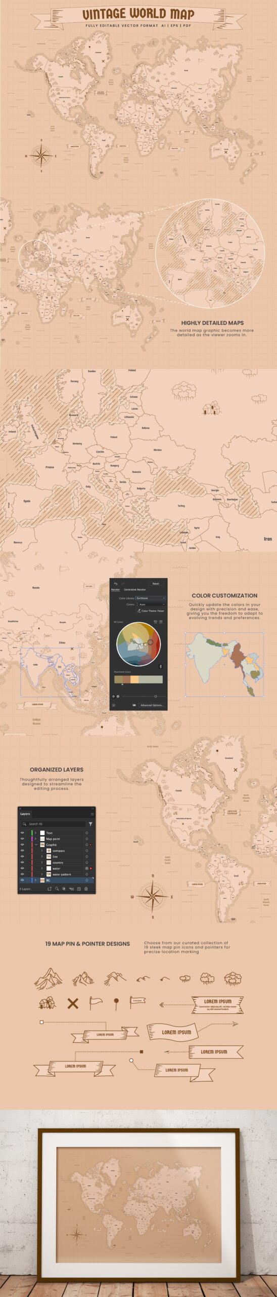 Vintage World Map in AI EPS