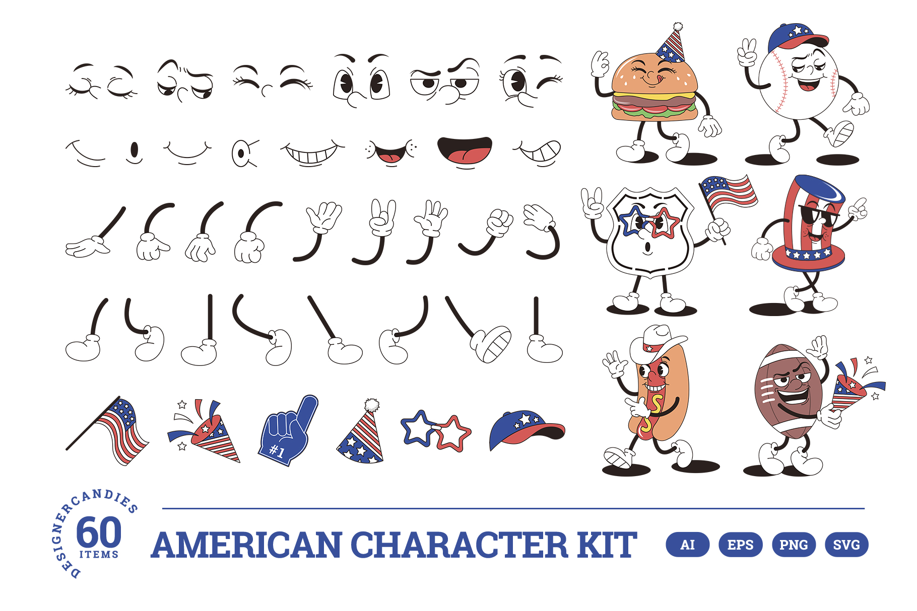 American Retro Character Creator Kit in AI EPS PNG SVG