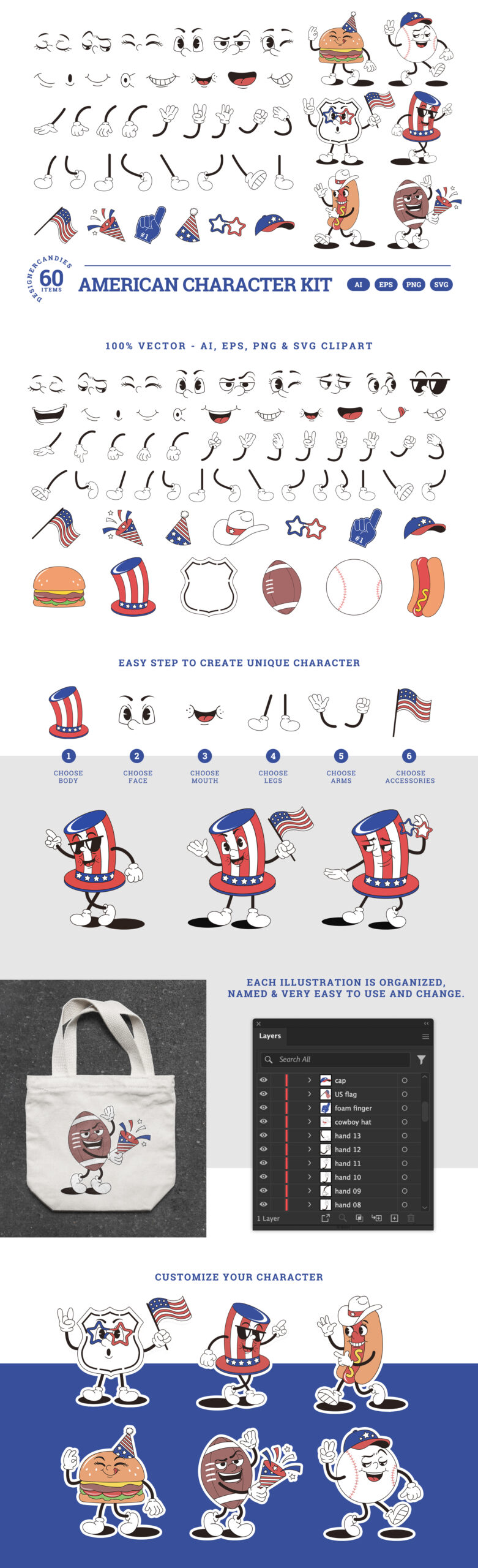 American Retro Character Creator Kit in AI EPS PNG SVG