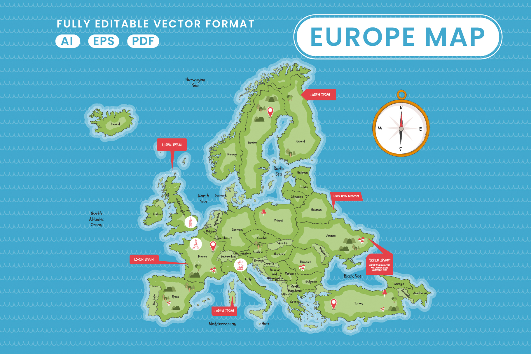 Europe Map Illustration in AI EPS