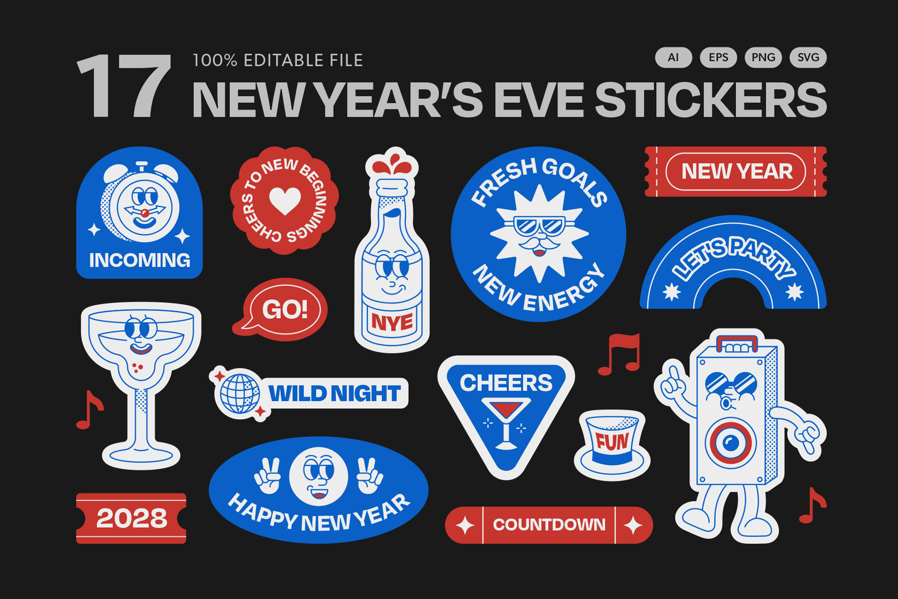 NYE Stickers Set in AI EPS PNG SVG