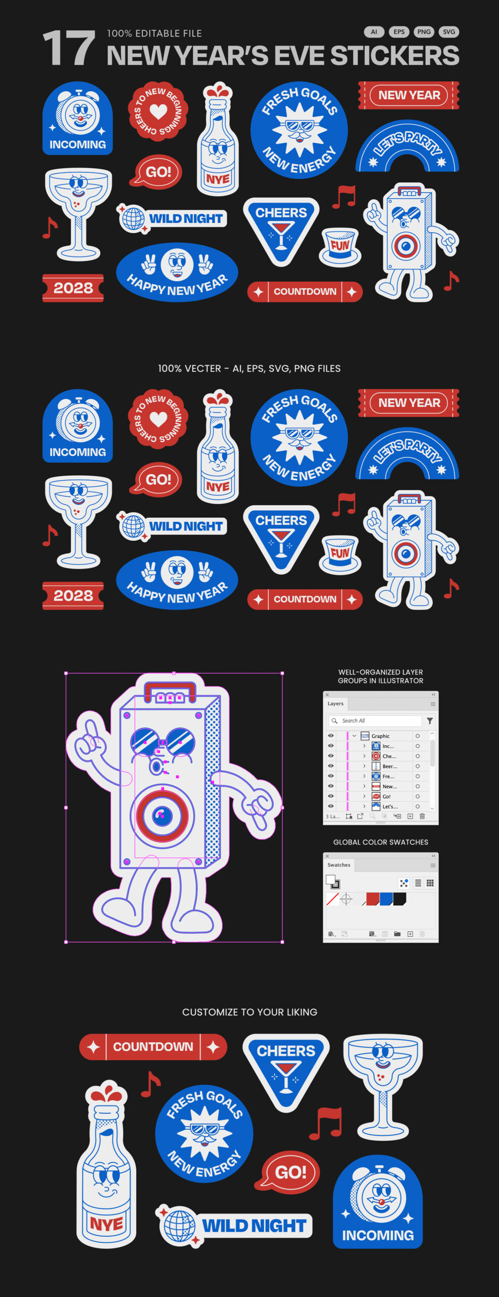 NYE Stickers Set in AI EPS PNG SVG