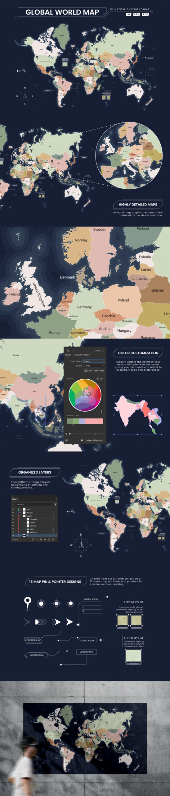 World Map Vector Illustration Kit in AI & EPS