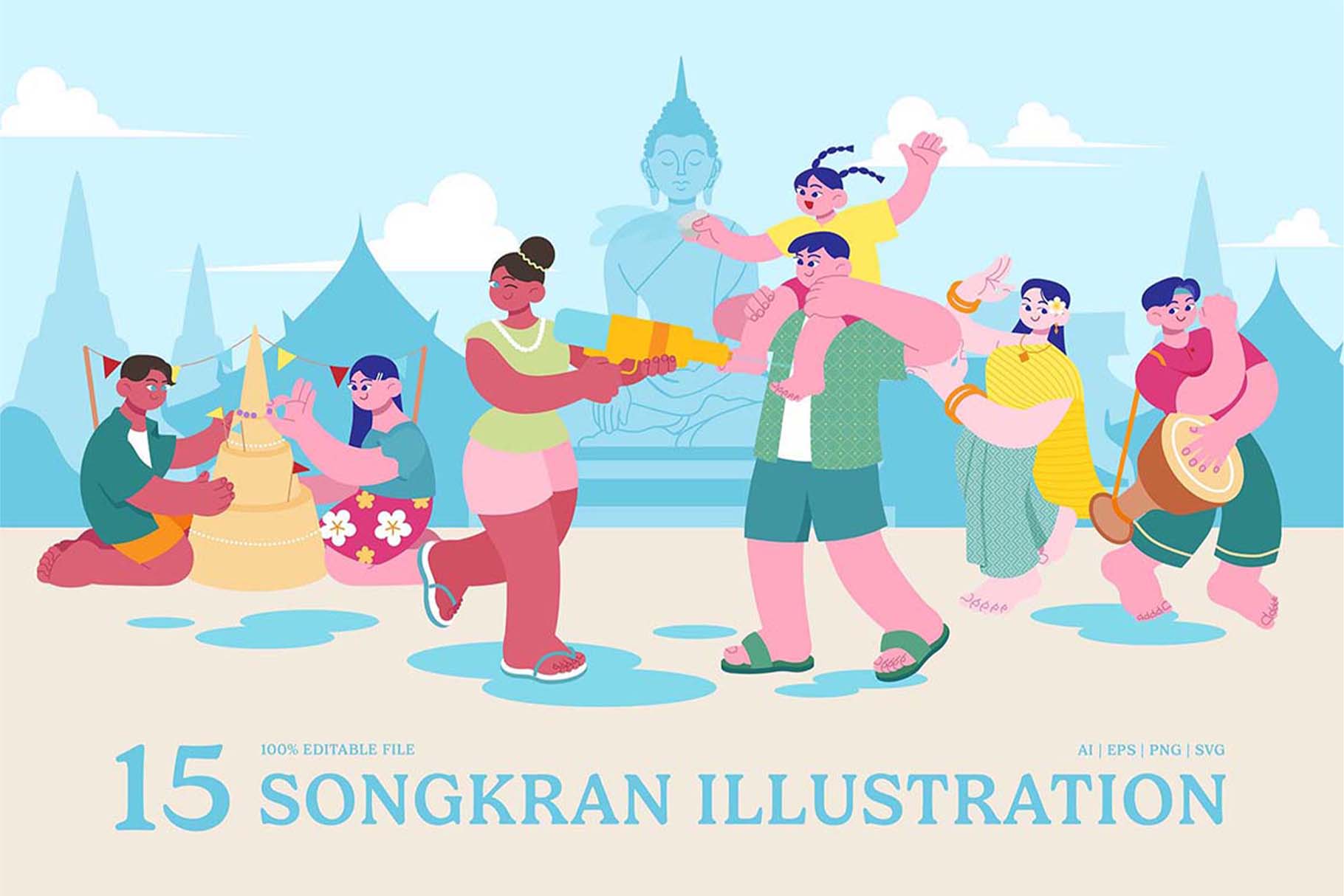 Songkran Illustrations Set in PNG SVG AI EPS