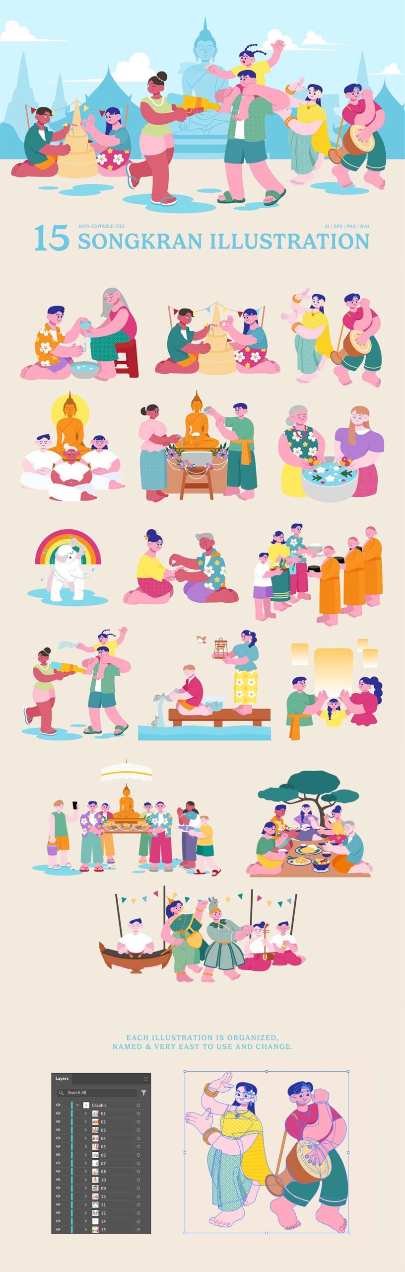 Songkran Illustrations Set in PNG SVG AI EPS