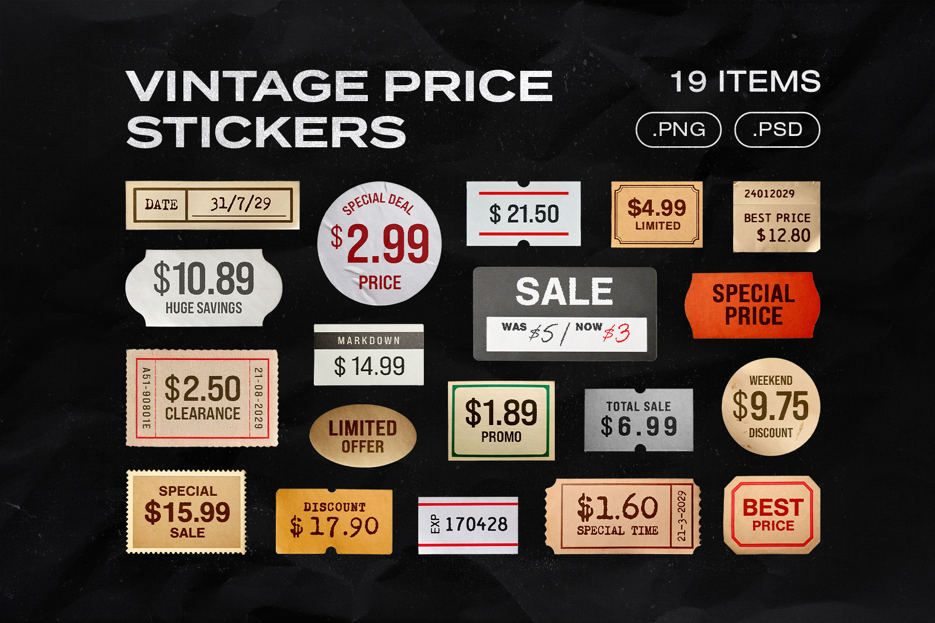 Vintage Price Stickers in Photoshop PSD and Clipart PNG