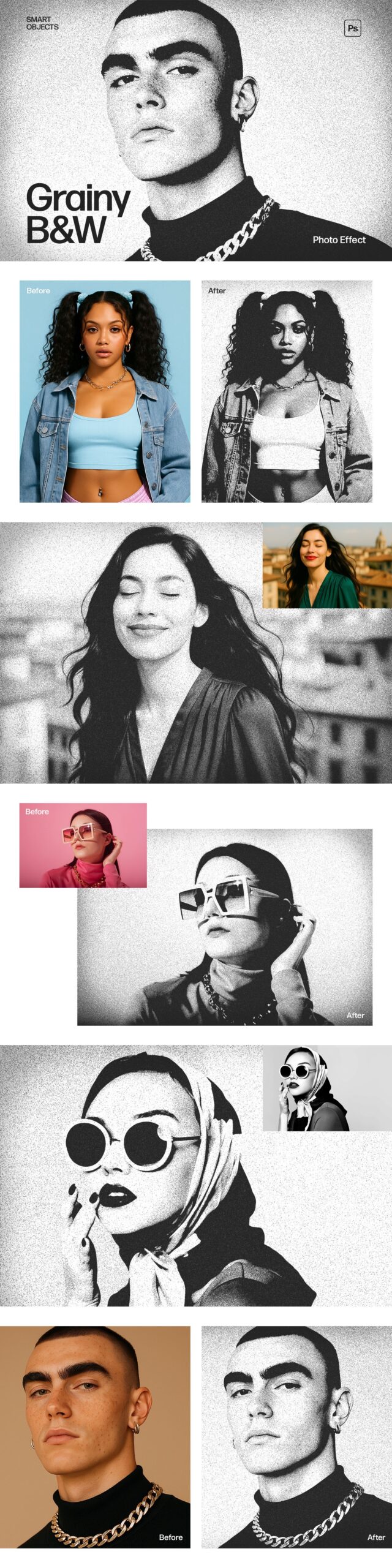 Grainy Black & White Photo Effect Template in Photoshop PSD