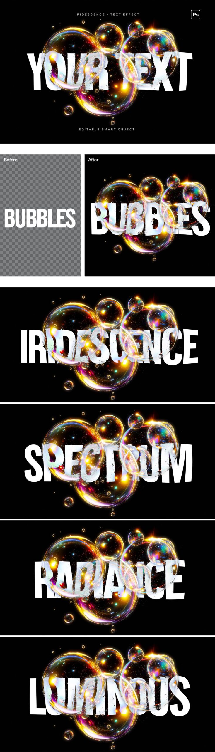 Iridescent Bubble Text Effect Template in Photoshop PSD