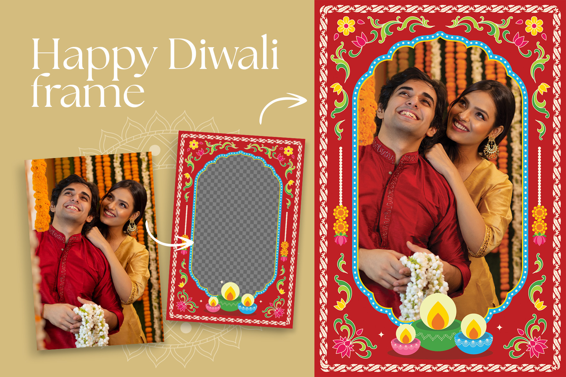 Diwali Photo Frame in Canva, Photoshop PSD, Illustrator Ai & Vector EPS
